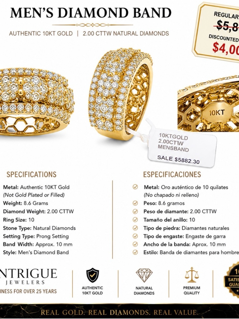 Men's 10KT Gold Diamond Band - Gold with White Diamonds